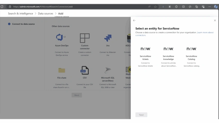 Select an entity for ServiceNow