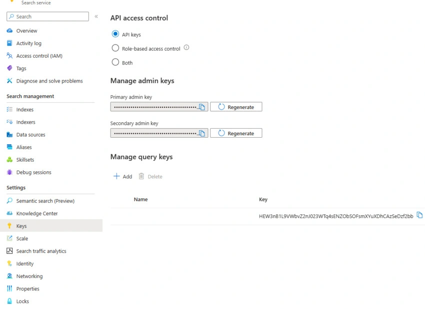 Keys from Azure Cognitive Search for API access control, admin keys and query keys.