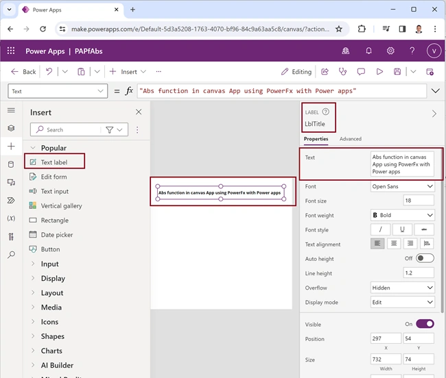 Abs function from Power Fx using Power Apps