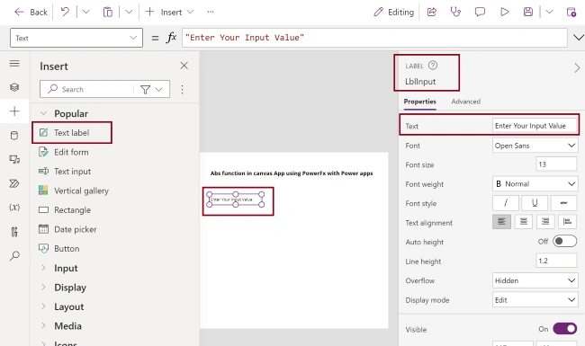 Abs function from Power Fx using Power Apps