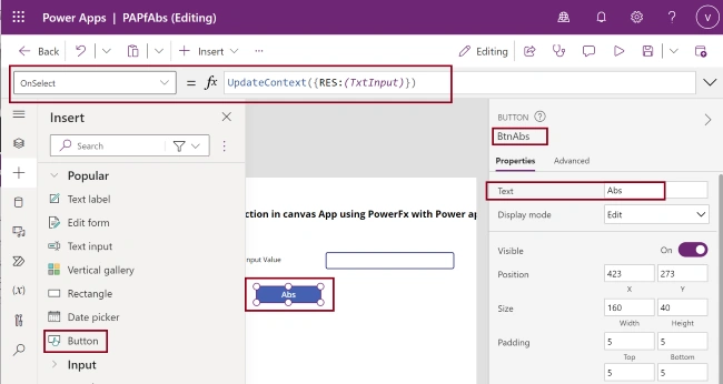 Abs function from Power Fx using Power Apps