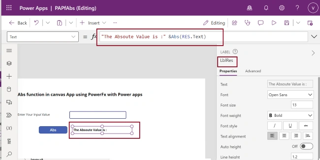 Abs function from Power Fx using Power Apps