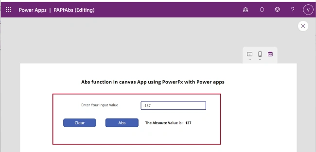 Abs function from Power Fx using Power Apps