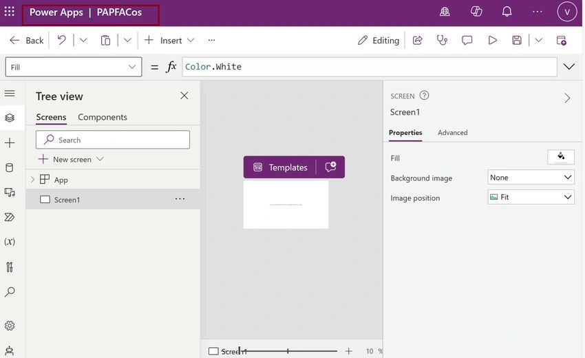 Power Apps studio environment