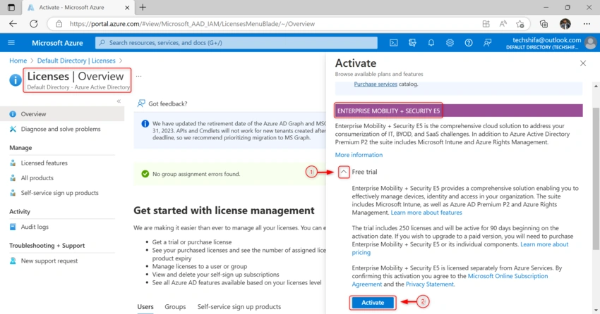 Activate Enterprise Mobility + Security E5 Licenses Using Azure AD for Free