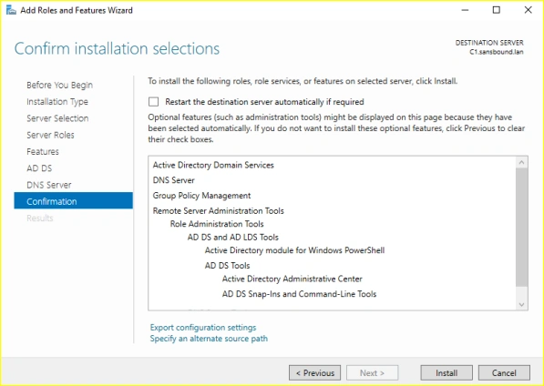 Confirm installation selections