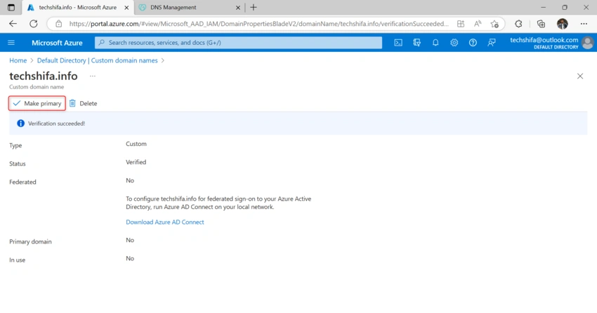 Add and verify Your custom domain in Azure Active Directory