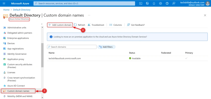 Add and verify Your custom domain in Azure Active Directory
