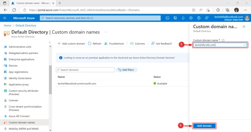 Add and verify Your custom domain in Azure Active Directory