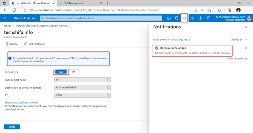Add and verify Your custom domain in Azure Active Directory
