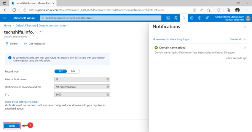 Add and verify Your custom domain in Azure Active Directory