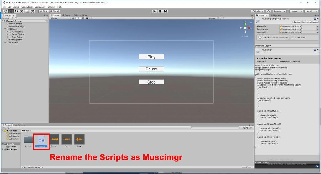 On Button Click Start The Audio Using C# Scripts In Unity
