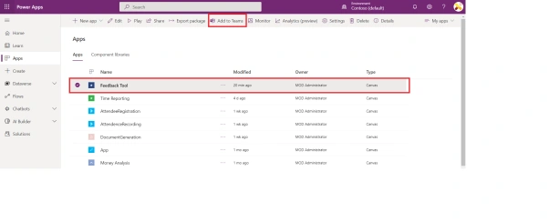 Add PowerApps as in-meeting Teams app