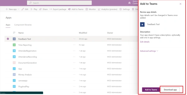 Add PowerApps as in-meeting Teams app