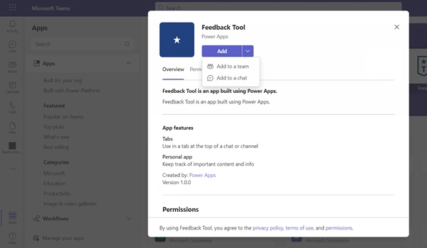 Add PowerApps as in-meeting Teams app