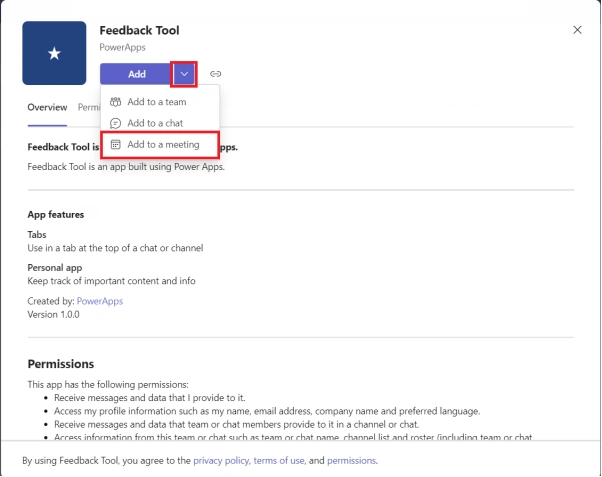 Add PowerApps as in-meeting Teams app