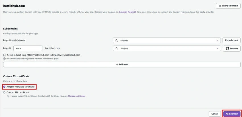 Amplify managed certificate