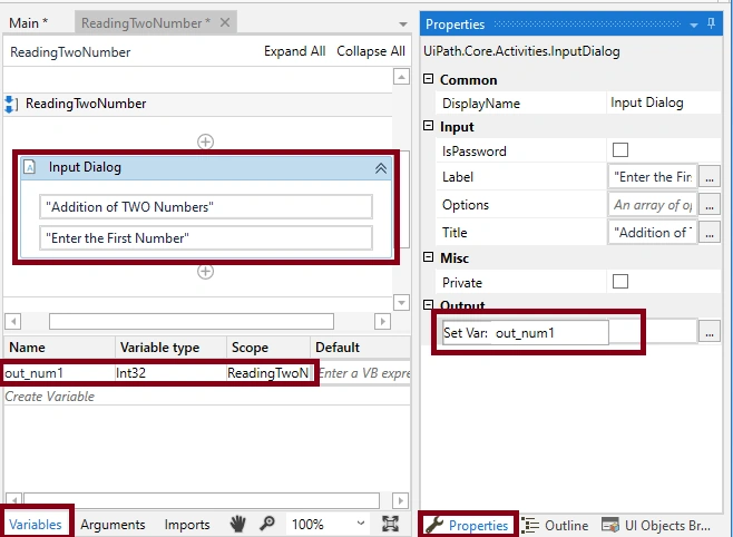 Adding Two Numbers With Arguments Using Uipath Studio