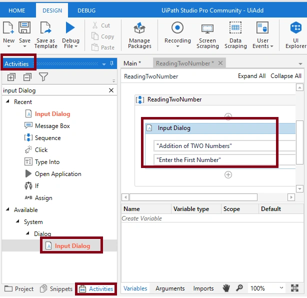 Adding Two Numbers With Arguments Using Uipath Studio