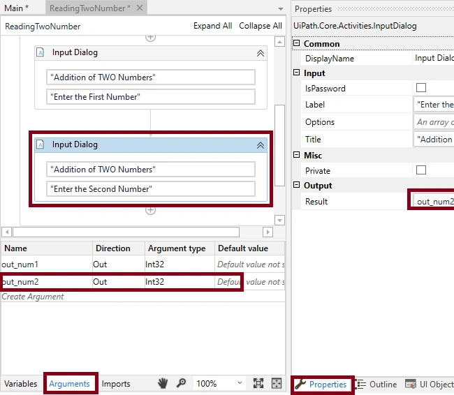 Adding Two Numbers With Arguments Using Uipath Studio