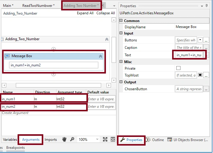 Adding Two Numbers With Arguments Using Uipath Studio