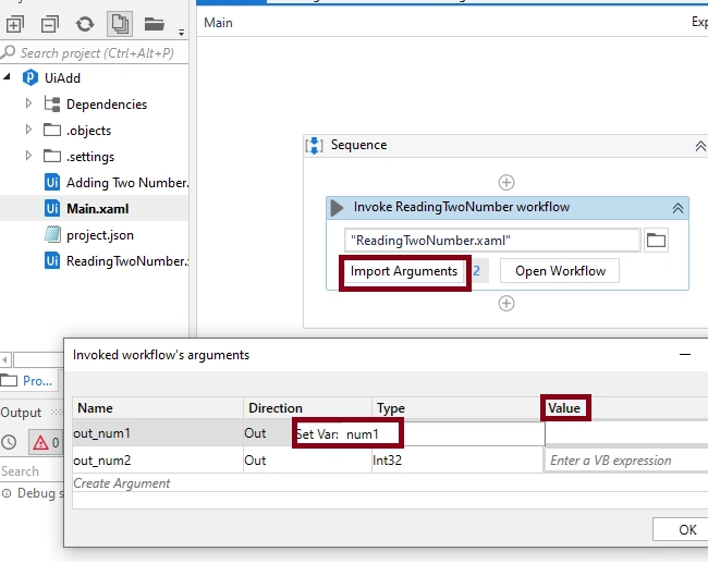 Adding Two Numbers With Arguments Using Uipath Studio
