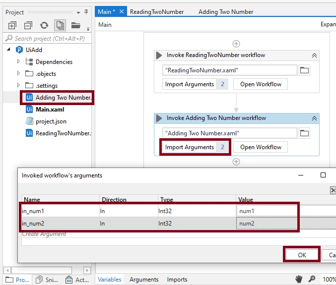 Adding Two Numbers With Arguments Using Uipath Studio