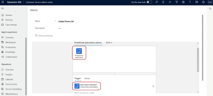 Customer service admin center
