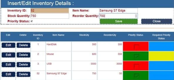 Insert or edit inventory details