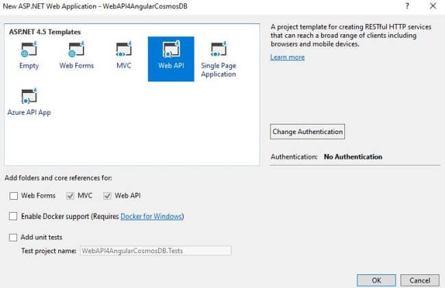 Angular 6 Application with Cosmos DB and Web API 2 