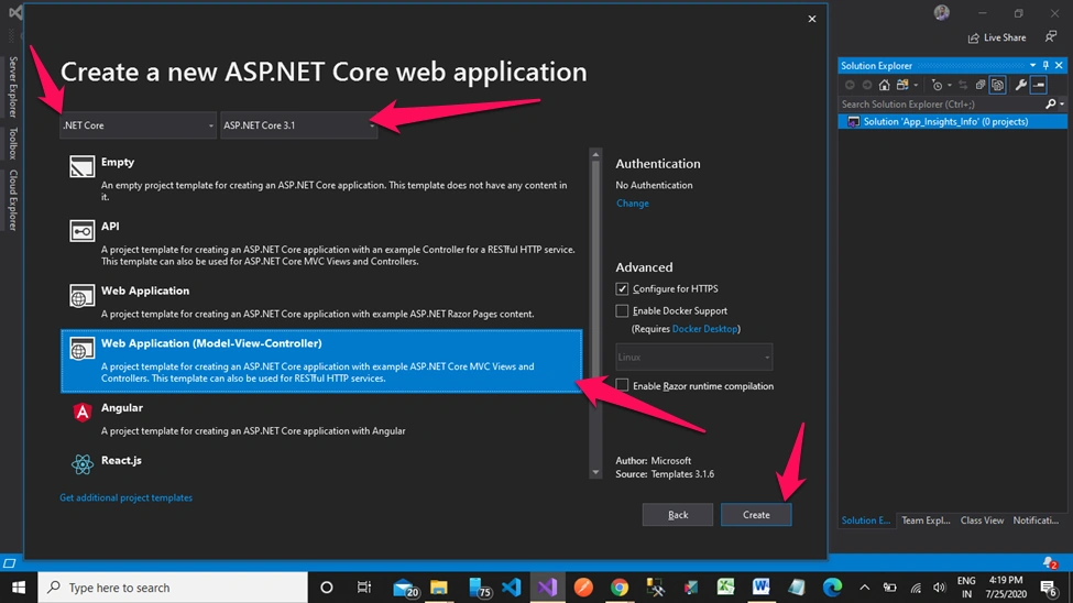 Application Insights in MVC Core + Web API Core + Entity Framework Core