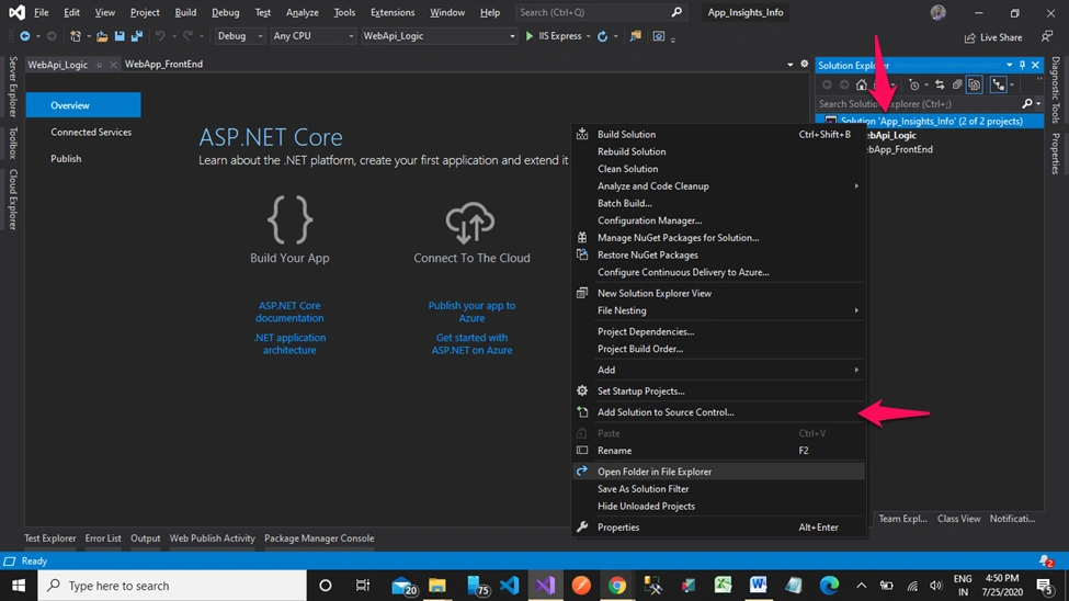 Application Insights in MVC Core + Web API Core + Entity Framework Core