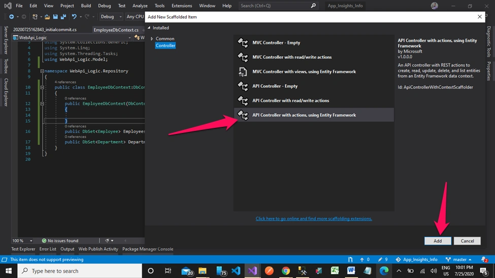 Application Insights in MVC Core + Web API Core + Entity Framework Core