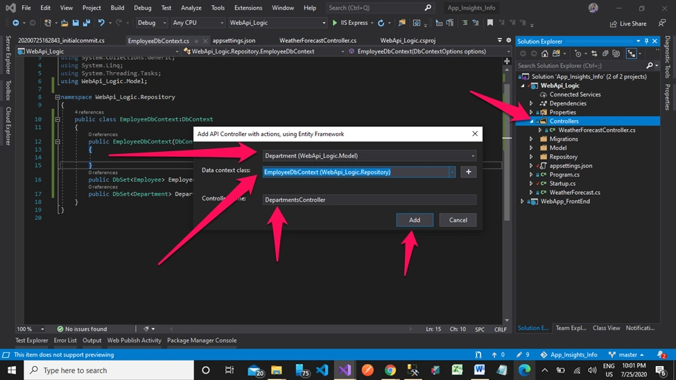 Application Insights in MVC Core + Web API Core + Entity Framework Core