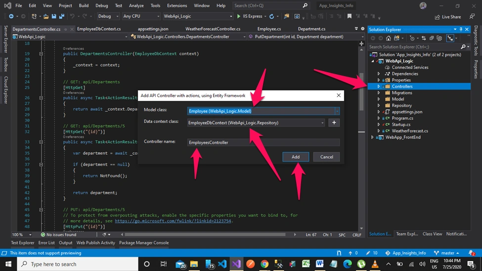 Application Insights in MVC Core + Web API Core + Entity Framework Core