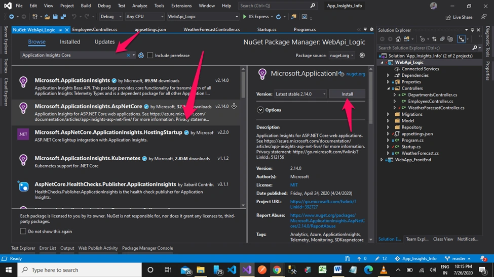 Application Insights in MVC Core + Web API Core + Entity Framework Core