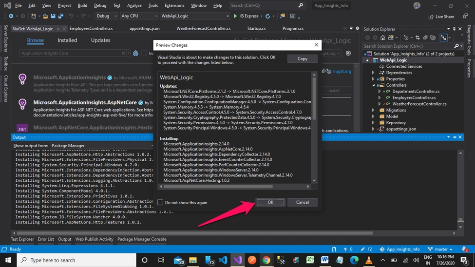 Application Insights in MVC Core + Web API Core + Entity Framework Core