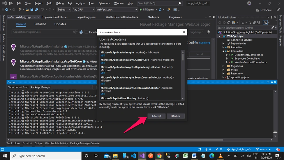 Application Insights in MVC Core + Web API Core + Entity Framework Core
