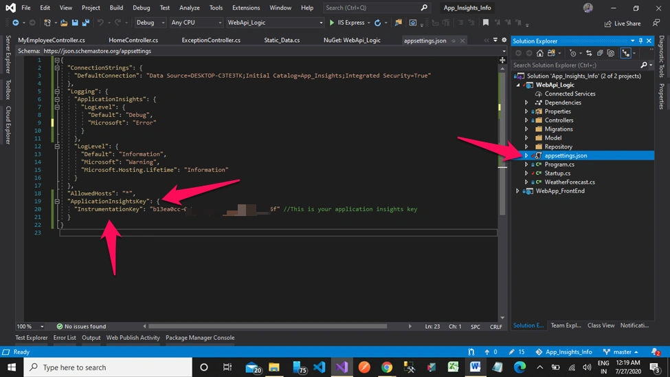 Application Insights in MVC Core + Web API Core + Entity Framework Core
