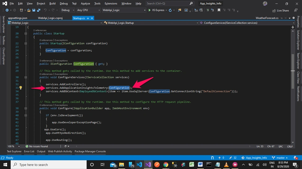 Application Insights in MVC Core + Web API Core + Entity Framework Core