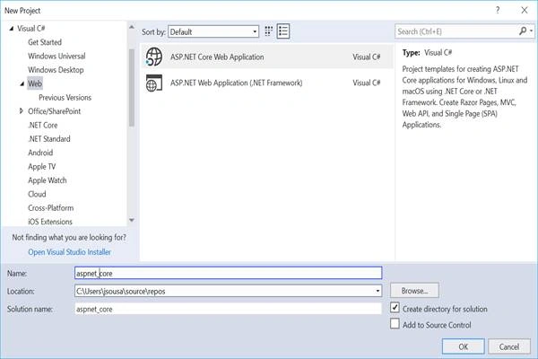 Creating the ASP .NET Core Project in VS 2017