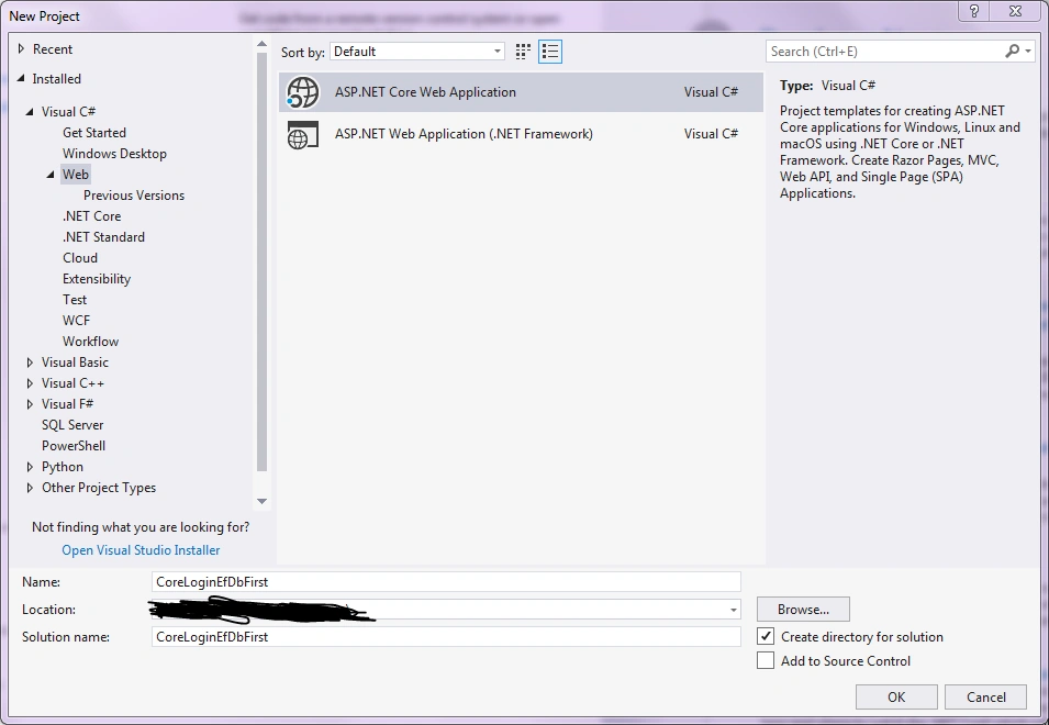 new .Net core web application project
