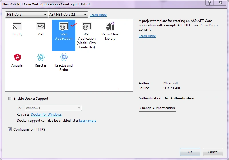 new .Net core web application project