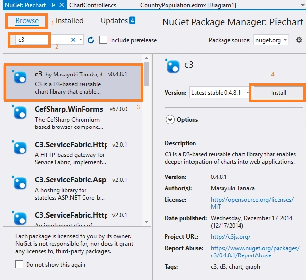 Generate Piechart using JavaScript C3 Chart Library and Entity Framework