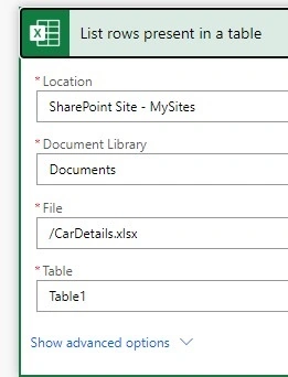 List rows present in the table
