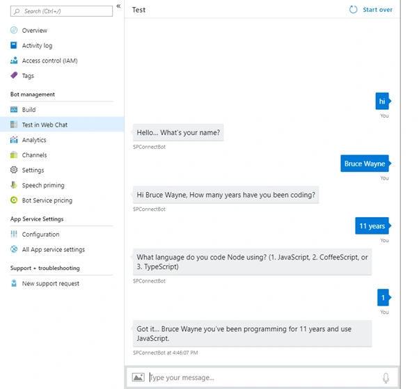 Azure Bot Using NodeJS Form Flow Template