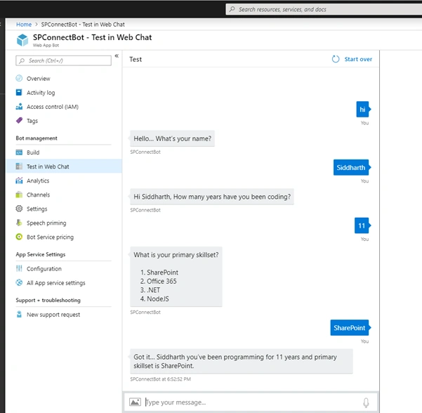 Azure Bot Using NodeJS Form Flow Template