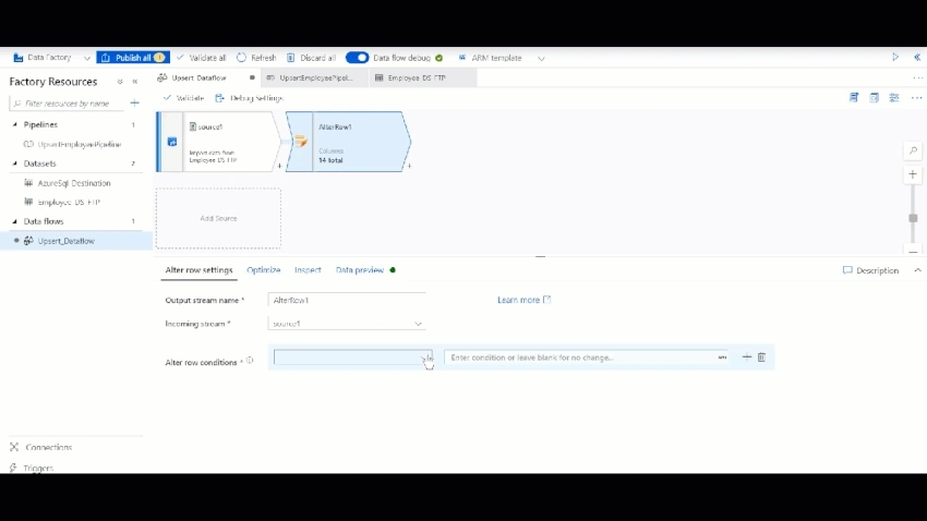 Azure Data Factory – Implement UpSert using Dataflow Alter Row Transformation