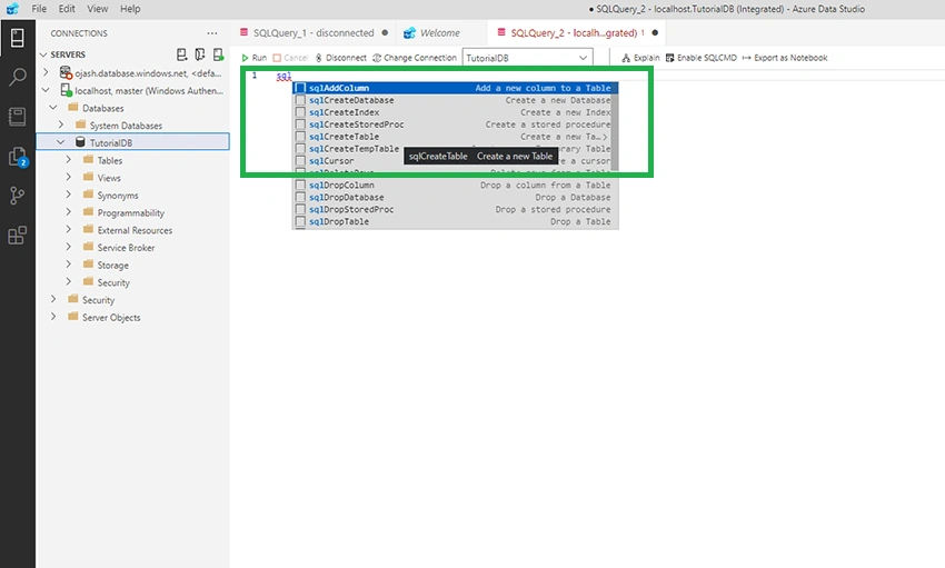 SQL Code Snippets in Azure Data Studio