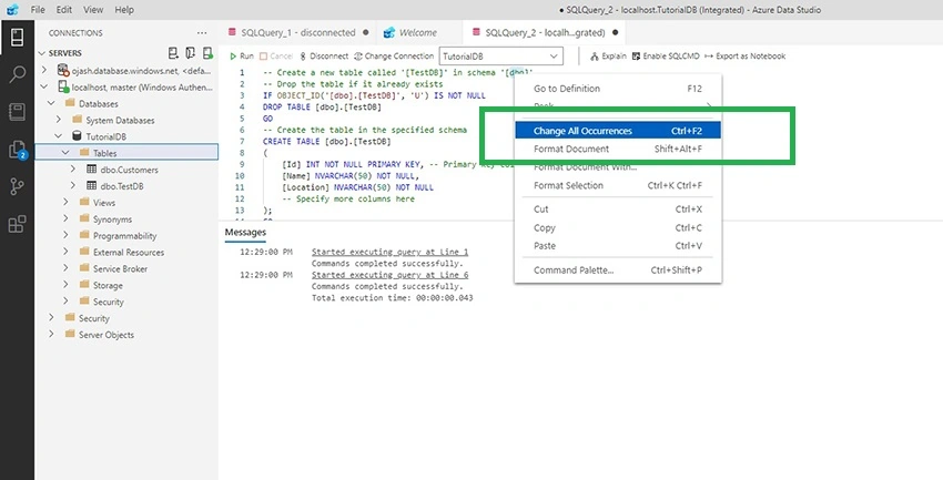 SQL Code Snippets in Azure Data Studio
